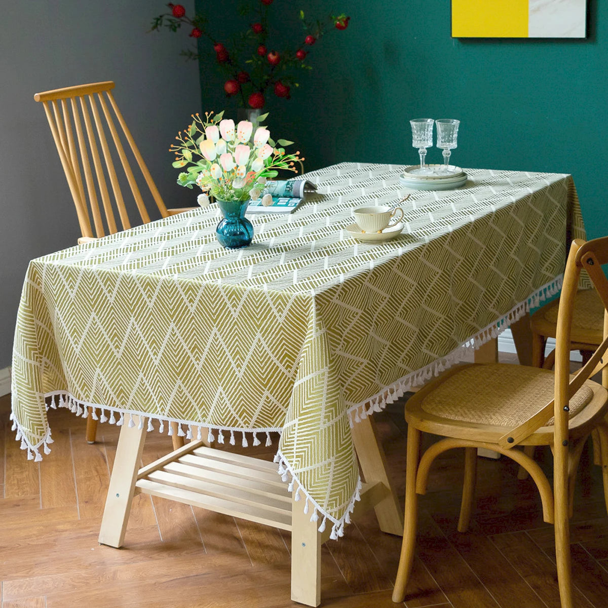 Toalha de mesa boho, algodão, linho, retângulo, lavável, resistente a rugas, para jantar, festa, capa decorativa