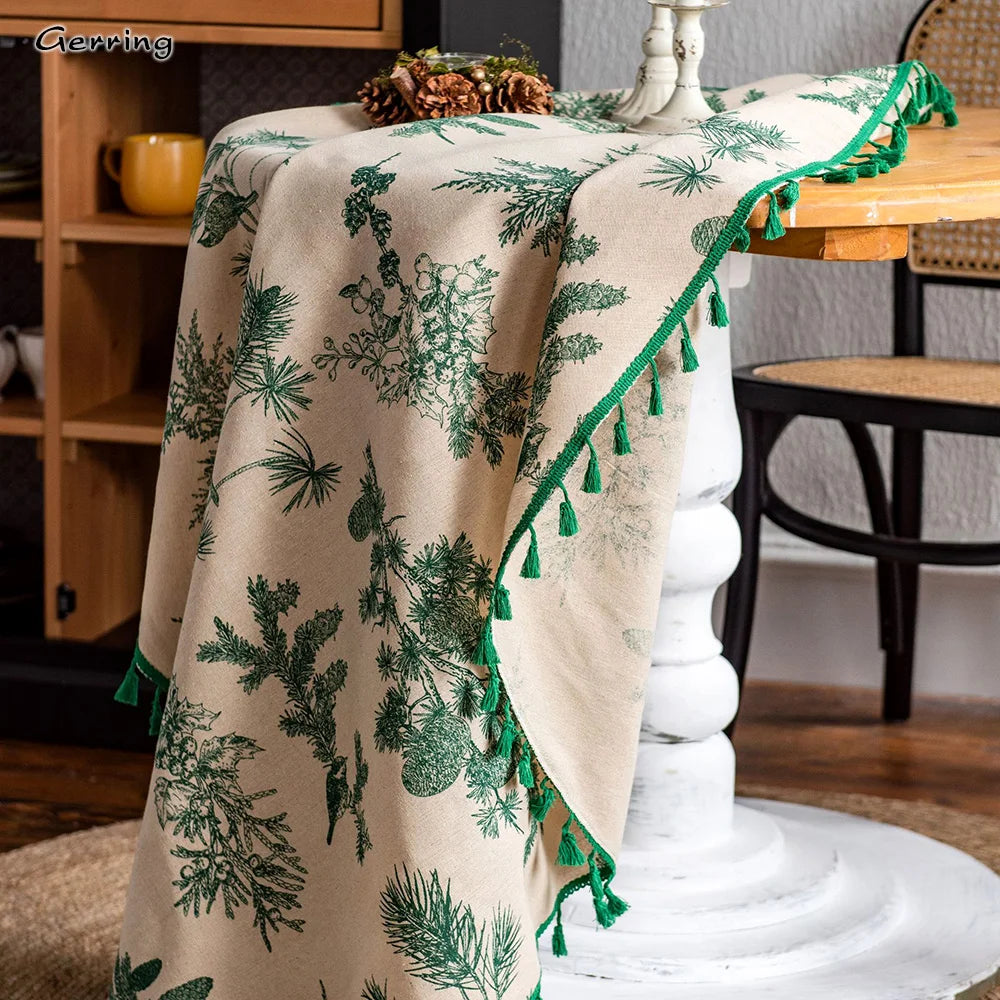 Toalhas De Mesa De Linho De Algodão Redondo, Toalha De Mesa Impressa Verde, Guardanapo Coreano, Tampa De Mesa De Café, Decoração De Casamento