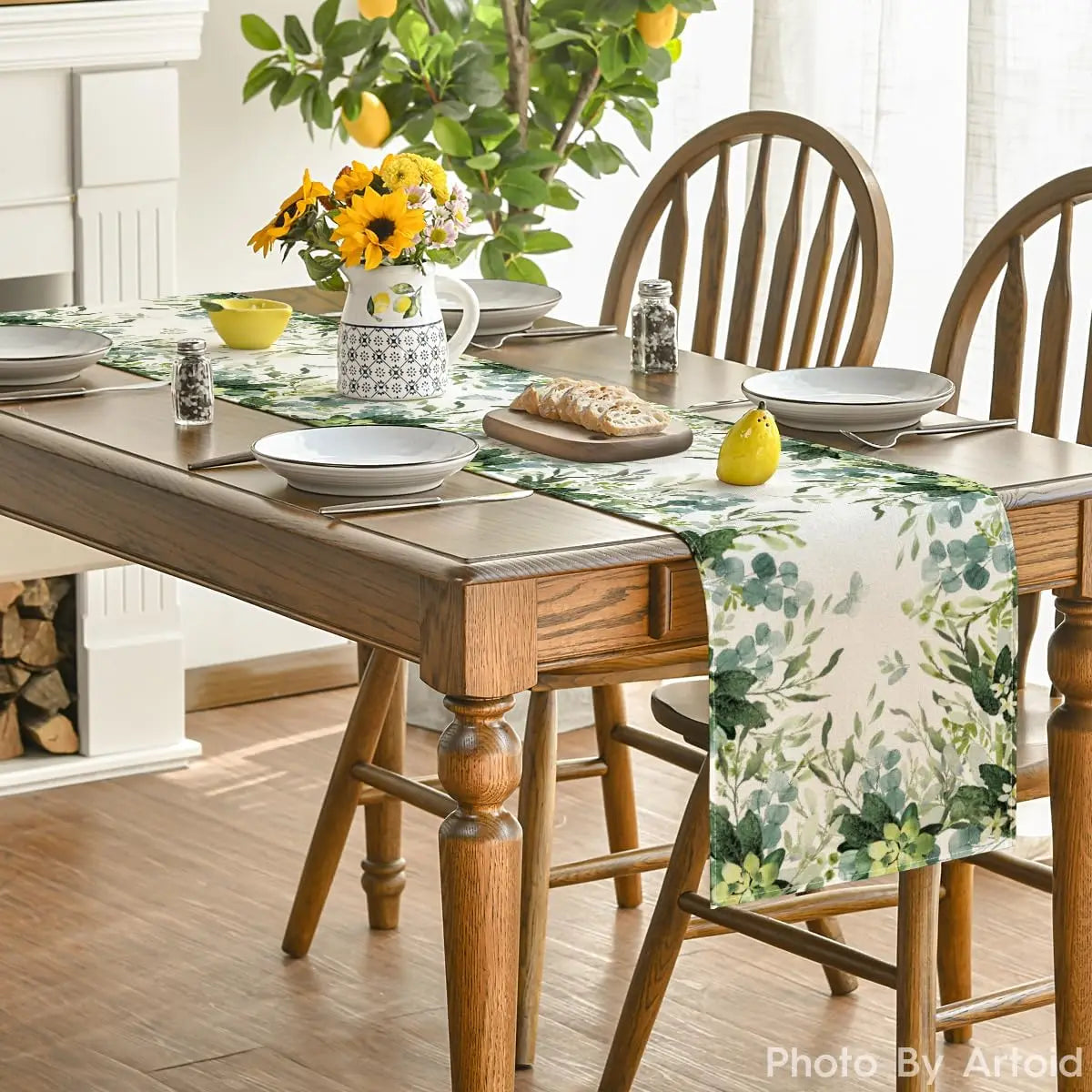 Primavera flores verdes eucalipto linho corredor de mesa festa de férias decoração fazenda cozinha mesa de jantar corredor decoração de casamento