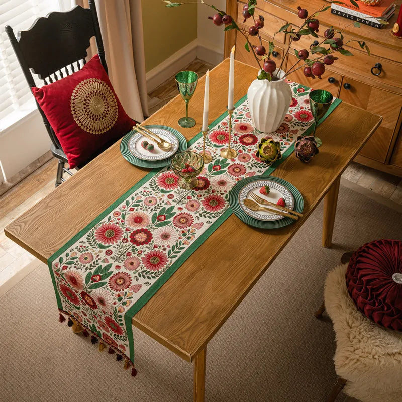 Corredor de mesa vintage estilo americano com tecido jacquard floral e borla para mesa de centro, sala de estar, decoração de casa, cauda de cama