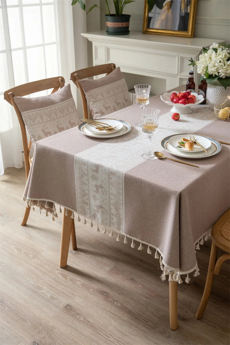 Toalha de mesa de algodão linho listra borla resistente a manchas à prova de poeira capa de mesa rústica para cozinha jantar mesa decoração de natal