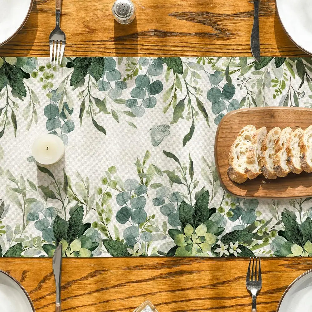 Primavera flores verdes eucalipto linho corredor de mesa festa de férias decoração fazenda cozinha mesa de jantar corredor decoração de casamento