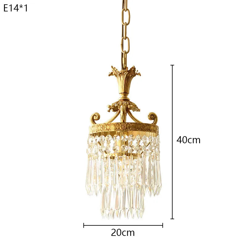 Francês retro estilo de cristal cobre pequeno lustre quarto cabeceira pendurado lâmpada corredor varanda vestiário iluminação pendente