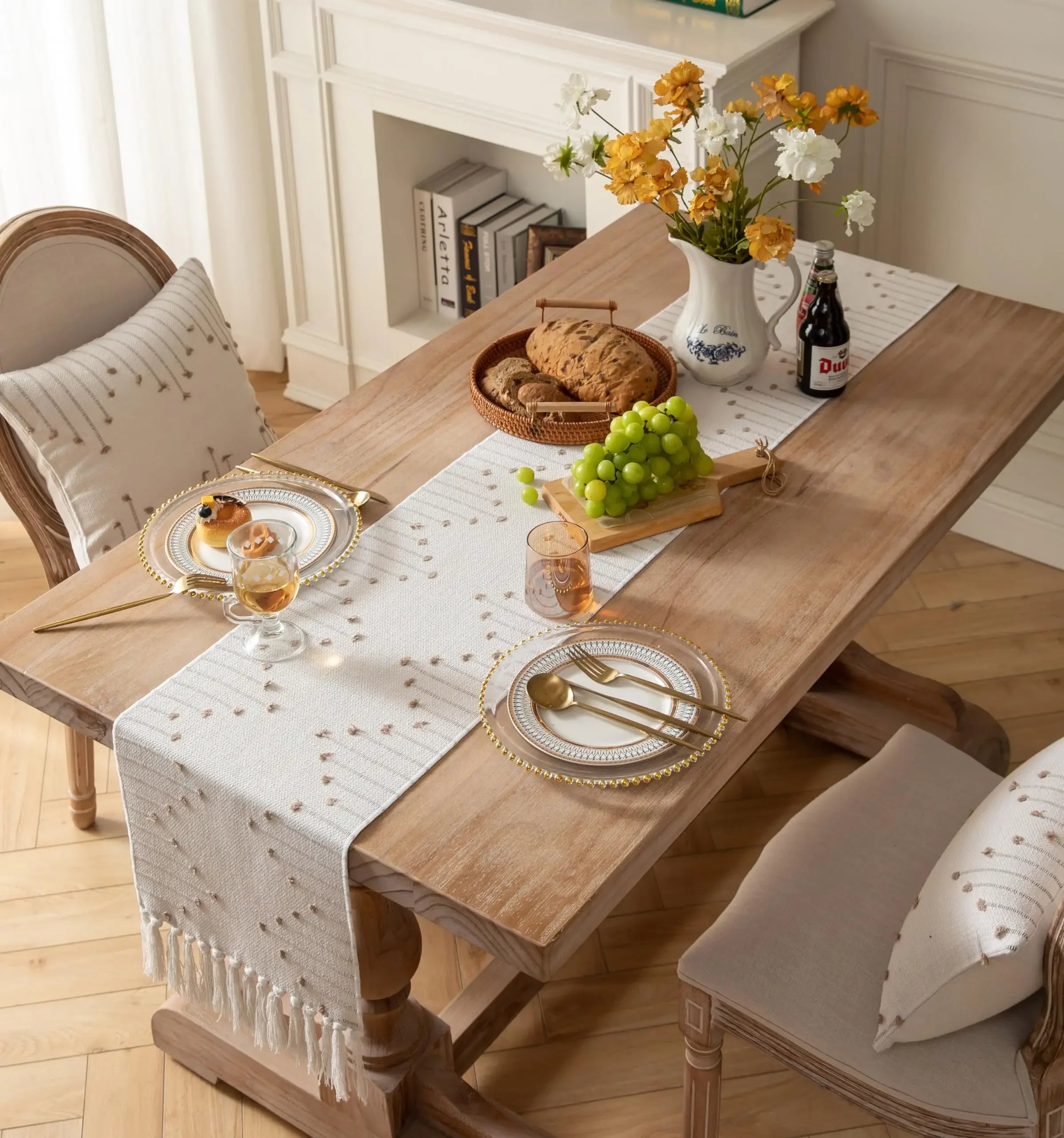 Corredor de mesa boho de algodão natural com borlas para decoração de mesa de jantar em casa, para decoração moderna de fazenda