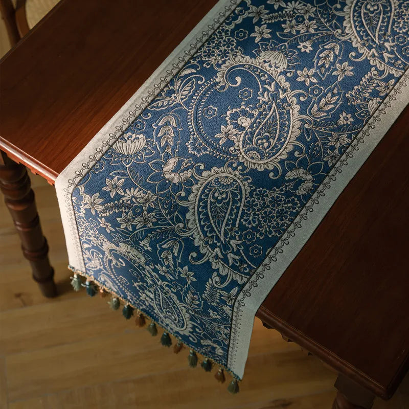 Corredor de mesa vintage estilo americano com tecido jacquard floral e borla para mesa de centro, sala de estar, decoração de casa, cauda de cama